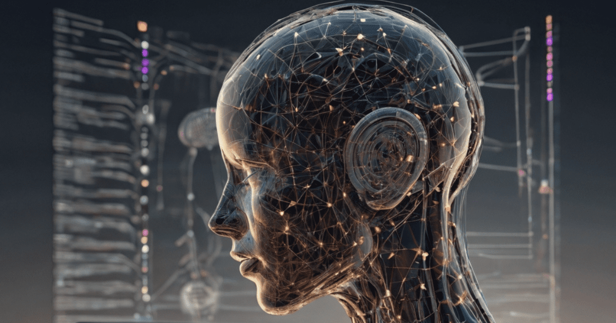 A digital human-like figure with interconnected nodes and circuits, symbolizing artificial intelligence and technology.