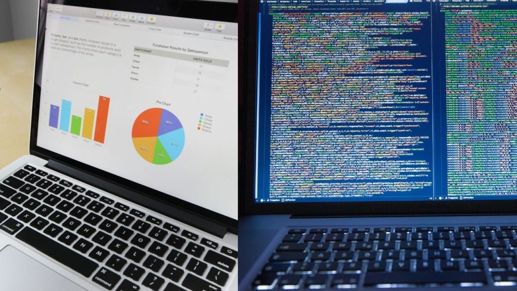 Two laptops displaying diverse data, one with work documents and the other with colorful graphics.